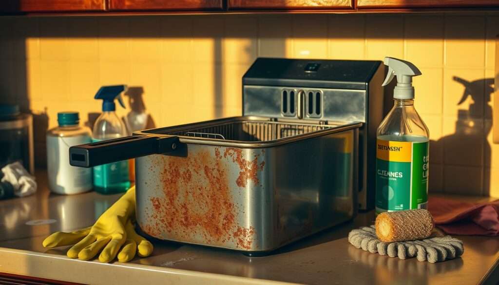 A well-lit kitchen counter, the surface cluttered with various cleaning supplies. In the center, a sturdy metal fryer sits, its exterior stained with accumulated grease and grime. A pair of rubber gloves, a scrub brush, and a bottle of degreasing solution stand at the ready, suggesting the methodical process of thoroughly cleaning the appliance. The scene is bathed in warm, natural lighting, casting soft shadows and highlighting the textures of the materials. The overall mood is one of diligent attention to detail, as the viewer is invited to imagine the step-by-step procedure of restoring the fryer to its former pristine condition. A well-lit kitchen counter, the surface cluttered with various cleaning supplies. In the center, a sturdy metal fryer sits, its exterior stained with accumulated grease and grime. A pair of rubber gloves, a scrub brush, and a bottle of degreasing solution stand at the ready, suggesting the methodical process of thoroughly cleaning the appliance. The scene is bathed in warm, natural lighting, casting soft shadows and highlighting the textures of the materials. The overall mood is one of diligent attention to detail, as the viewer is invited to imagine the step-by-step procedure of restoring the fryer to its former pristine condition.
