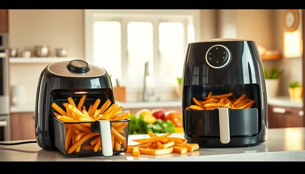 A well-lit kitchen scene, showcasing a comparison of a traditional deep fryer and an air fryer. In the foreground, crisp, golden-brown fries sizzle in the deep fryer, while a healthy, evenly-browned batch occupies the air fryer. The middle ground features a clean, modern kitchen countertop, with fresh produce and herbs nearby, hinting at the potential for healthier cooking. The background is softly blurred, allowing the appliances to take center stage. Warm, natural lighting filters through windows, creating a welcoming, inviting atmosphere. The scene conveys the health benefits of air frying, while still acknowledging the indulgence of traditional deep frying.