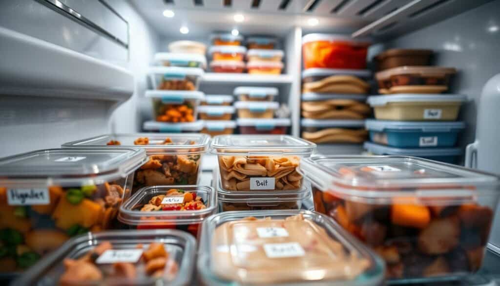 A well-stocked freezer with a variety of homemade dishes, neatly organized in labeled containers. In the foreground, a close-up view of several plastic containers filled with different meals - hearty stews, roasted vegetables, and individual portions of lasagna. The middle ground showcases the open freezer door, revealing a tidy arrangement of more containers, color-coded and clearly marked. The background fades into a clean, modern kitchen, with stainless steel appliances and a minimalist aesthetic, suggesting an efficient and practical approach to meal preparation and storage. Soft, even lighting illuminates the scene, creating a sense of order and organization. The overall mood is one of calm, preparedness, and a dedication to healthy, homemade eating.