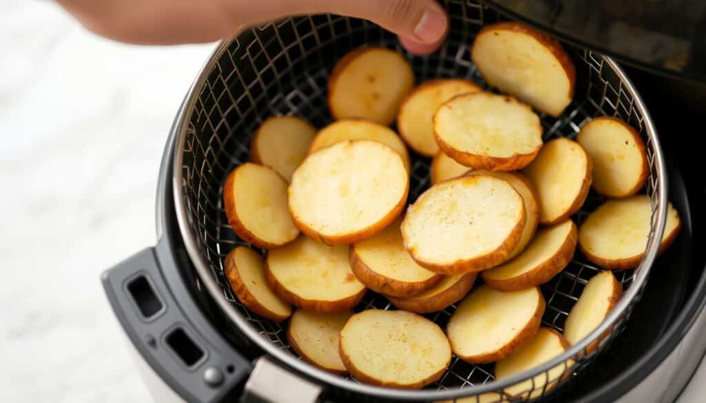 Airfryer-Korb wird geschüttelt um die Kartoffeln zu wenden Airfryer-Korb wird geschüttelt um die Kartoffeln zu wenden