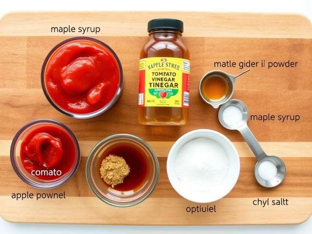 Alle Zutaten für selbstgemachten Ketchup übersichtlich angeordnet Alle Zutaten für selbstgemachten Ketchup übersichtlich angeordnet