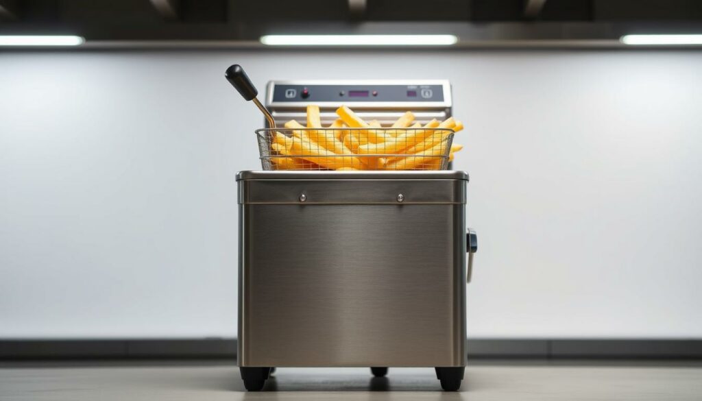 An 8-liter deep fryer, its metal body gleaming under bright studio lighting, stands prominently in the center of the frame. The appliance's capacious interior is in focus, inviting the viewer to imagine the quantity of crisp, golden french fries it could hold. The fryer's control panel and digital display are visible, hinting at the precision and efficiency of this commercial-grade kitchen equipment. The background is a clean, minimalist set, allowing the deep fryer to be the sole center of attention. The overall mood is one of utility and functionality, highlighting the practical considerations of frying a large batch of potatoes in an 8-liter appliance.