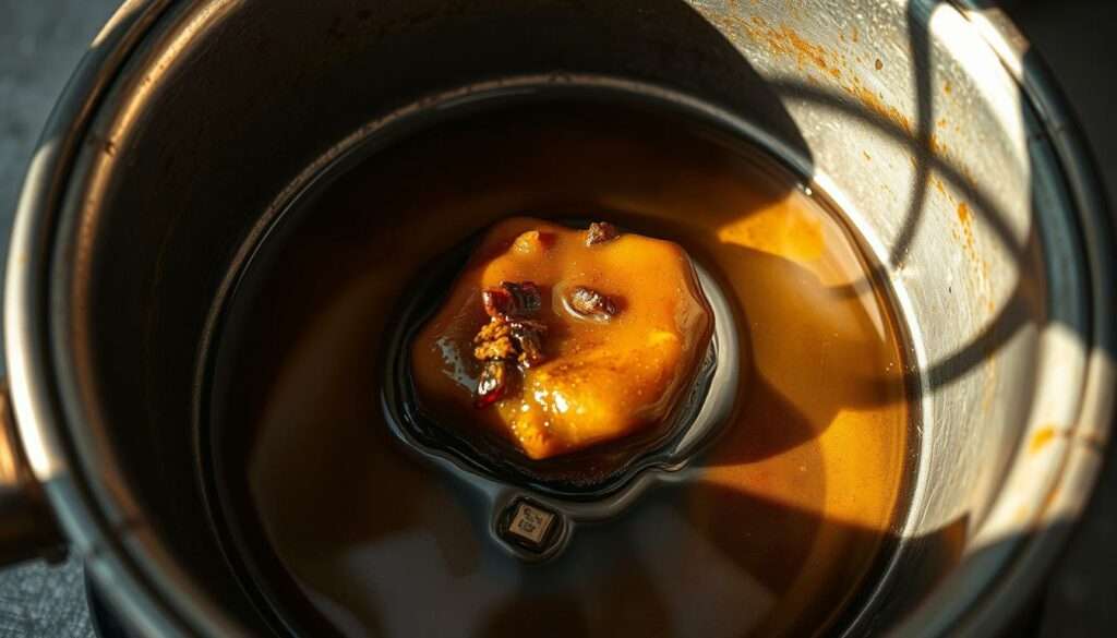 An old, discolored and solidified chunk of cooking oil sits ominously in the center of a vintage metal fryer. The fryer's interior is dimly lit, casting long shadows across the thick, viscous liquid. The once-vibrant golden hue has faded to a murky, brownish-black, signaling its deterioration. Specks of charred food debris cling to the surface, further marring the unappealing appearance. This visual representation of "altes Fett" (old fat) clearly conveys the need to properly maintain and replace cooking oil to ensure food safety and quality, as outlined in the article's section on when to discard used oil. An old, discolored and solidified chunk of cooking oil sits ominously in the center of a vintage metal fryer. The fryer's interior is dimly lit, casting long shadows across the thick, viscous liquid. The once-vibrant golden hue has faded to a murky, brownish-black, signaling its deterioration. Specks of charred food debris cling to the surface, further marring the unappealing appearance. This visual representation of "altes Fett" (old fat) clearly conveys the need to properly maintain and replace cooking oil to ensure food safety and quality, as outlined in the article's section on when to discard used oil.