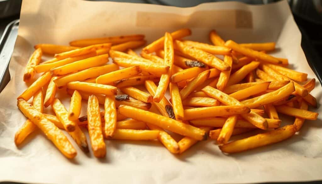 Backofen-Pommes auf einem Backblech Backofen-Pommes auf einem Backblech