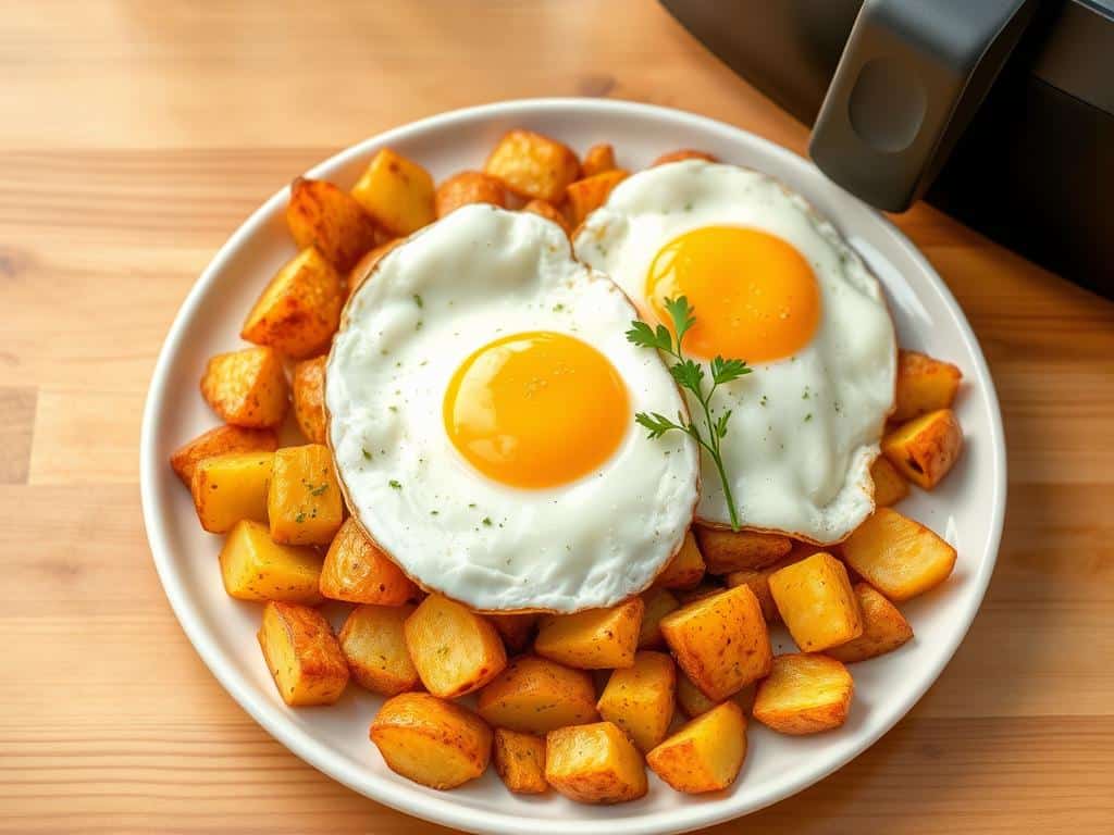 Bratkartoffeln im Airfryer mit Spiegelei serviert Bratkartoffeln im Airfryer mit Spiegelei serviert