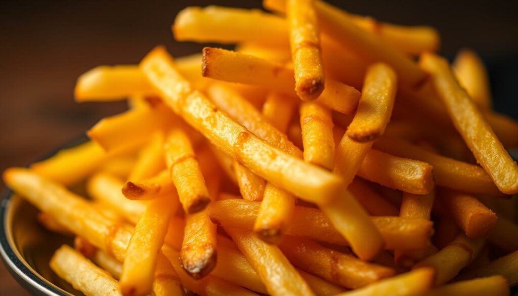 Closeup of a plate of crispy golden french fries, freshly prepared using optimal cooking methods. The fries are arranged in a neat pile, with a slight glistening from the oil used for frying. The lighting is warm and diffused, creating an inviting and appetizing atmosphere. The background is blurred, keeping the focus on the fries. The composition suggests a high-quality, professional food photography setup, capturing the essence of perfectly cooked french fries.