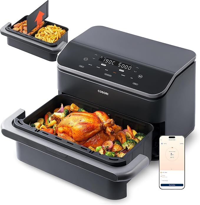 COSORI Heißluftfritteuse 2 Kammern Airfryer, 8-in-1 Dual Blaze TwinFry XXL 10L, Heissluftfritteuse Doppelkammer mit herausnehmbarem Trenner & Untere Heizelemente, 70 Rezepte, 2-6 Personen