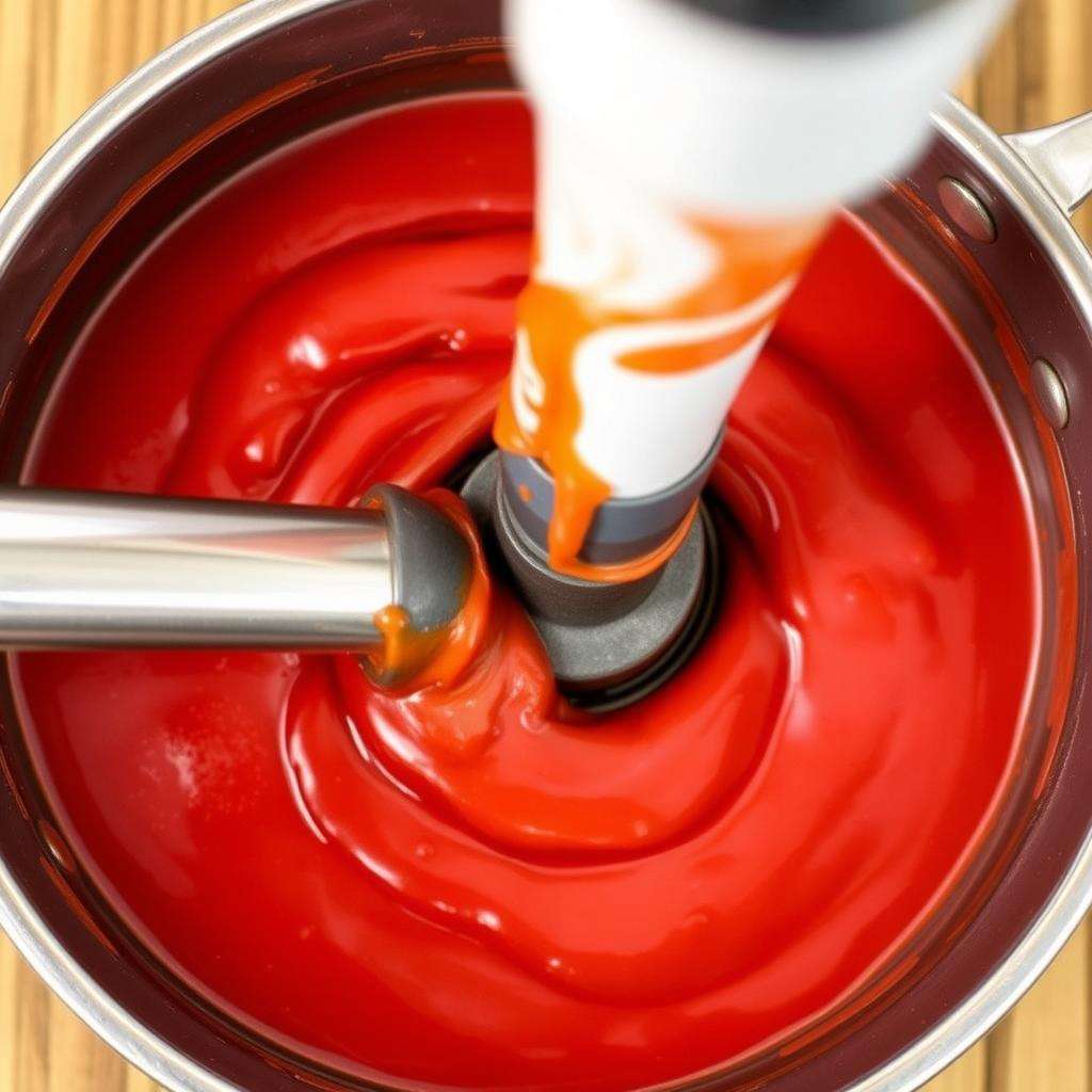 Cremiger Ketchup wird mit einem Pürierstab püriert Cremiger Ketchup wird mit einem Pürierstab püriert