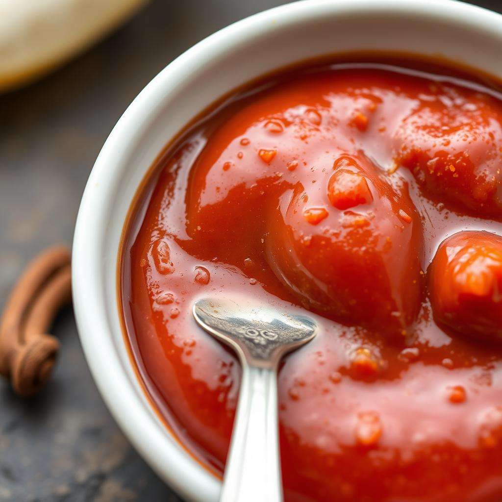 Curry-Ketchup in einer kleinen Schüssel Curry-Ketchup in einer kleinen Schüssel