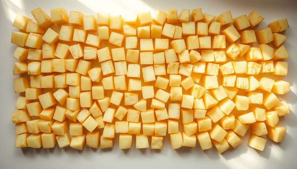 Evenly sliced potato cubes arranged in a neat grid pattern, illuminated by soft, natural lighting from an overhead window. The potatoes have a consistent, uniform size and shape, with a slightly golden hue that suggests a careful, precise cutting technique. The cubes are positioned on a clean, white surface, creating a minimalist, and organized composition that emphasizes the quality of the potatoes. The overall scene conveys a sense of culinary precision and attention to detail, perfectly suited to illustrate a section on cutting potatoes for making delicious french fries.