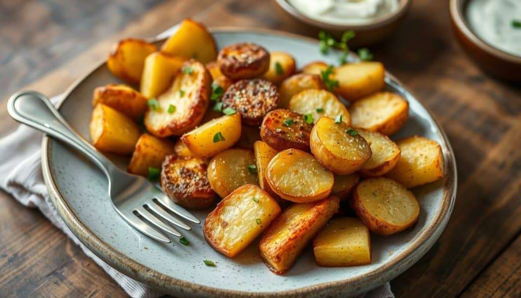 Fertige Bratkartoffeln aus dem Airfryer auf einem Teller serviert Fertige Bratkartoffeln aus dem Airfryer auf einem Teller serviert