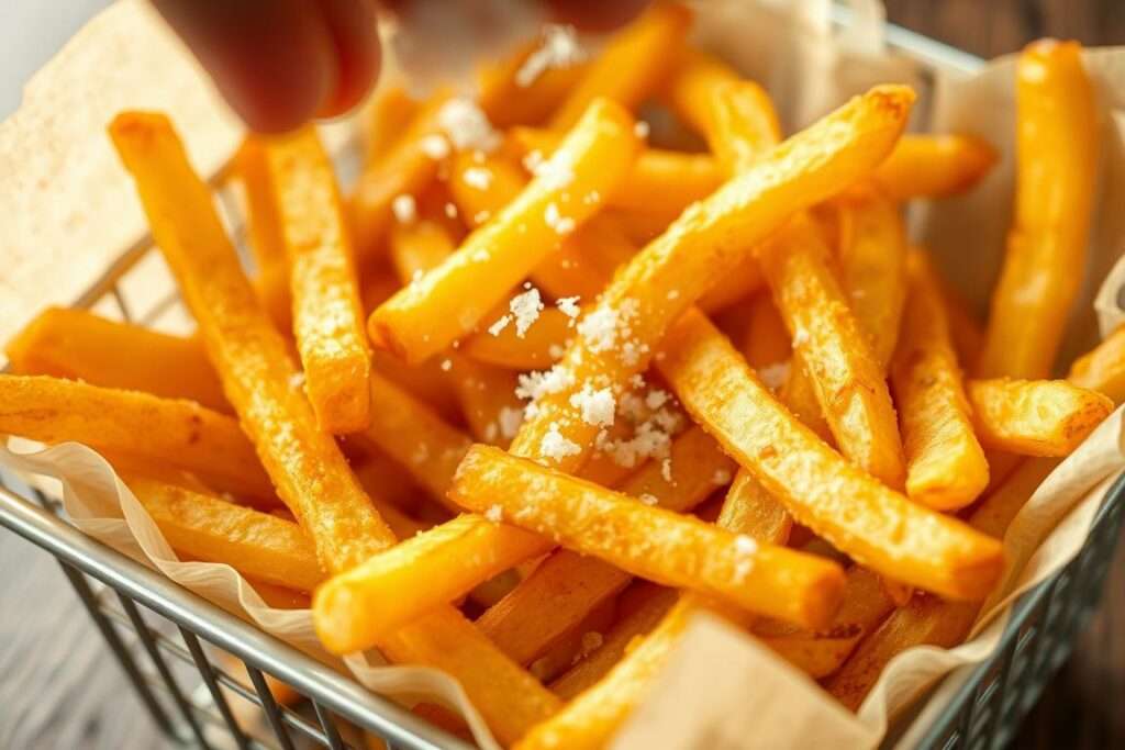 Fertige Pommes frites werden mit Salz gewürzt Fertige Pommes frites werden mit Salz gewürzt