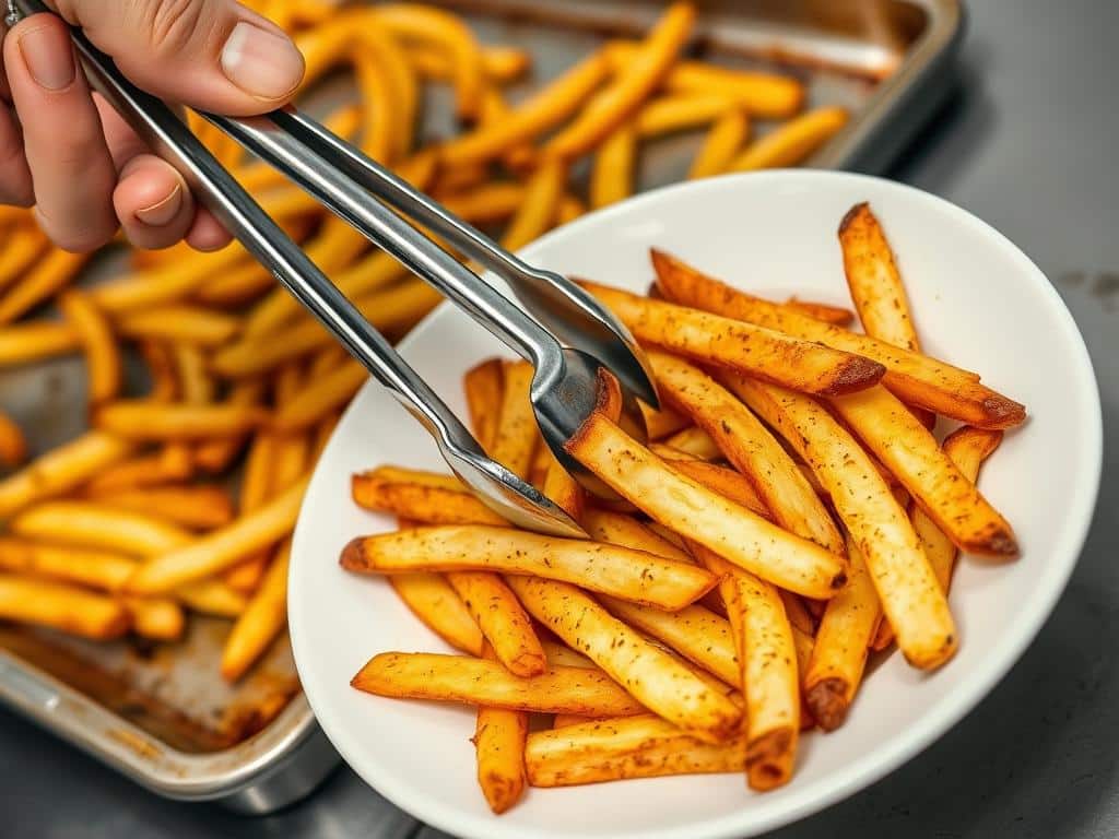 Fertige goldbraune Backofen-Pommes werden serviert Fertige goldbraune Backofen-Pommes werden serviert