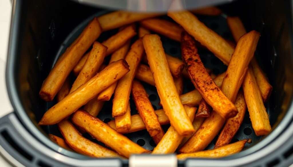 Fertige knusprige Pommes aus der Heißluftfritteuse Fertige knusprige Pommes aus der Heißluftfritteuse