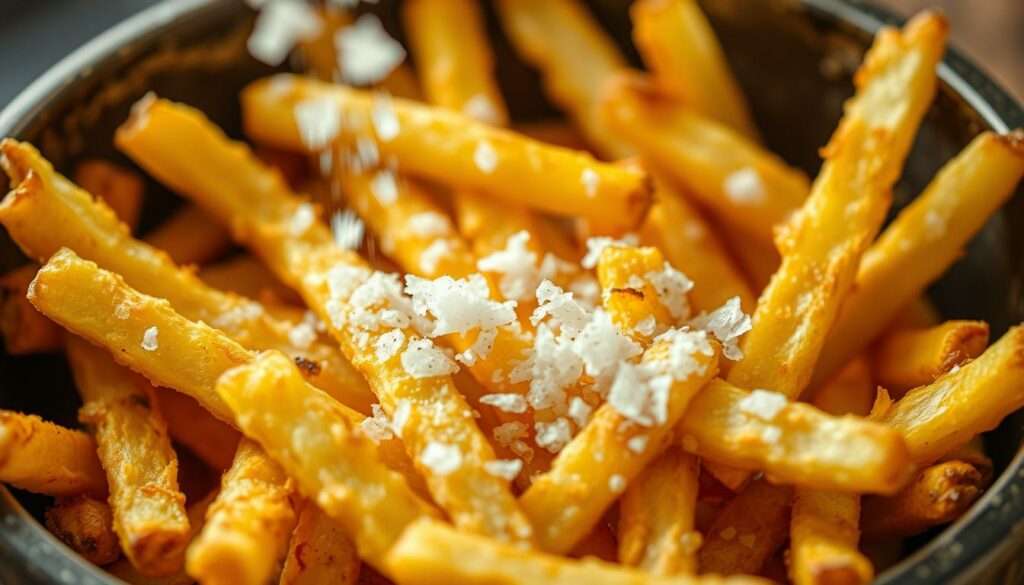 Fertige knusprige Pommes aus der Heißluftfritteuse werden mit Salz bestreut Fertige knusprige Pommes aus der Heißluftfritteuse werden mit Salz bestreut