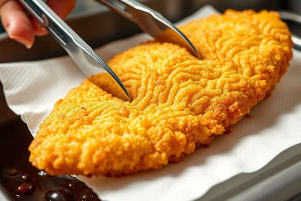 Fertiges Wiener Schnitzel wird auf Küchenpapier abgetupft Fertiges Wiener Schnitzel wird auf Küchenpapier abgetupft