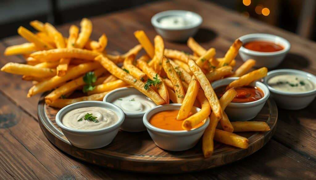 Genussvoller Pommes-Teller mit verschiedenen Dips Genussvoller Pommes-Teller mit verschiedenen Dips