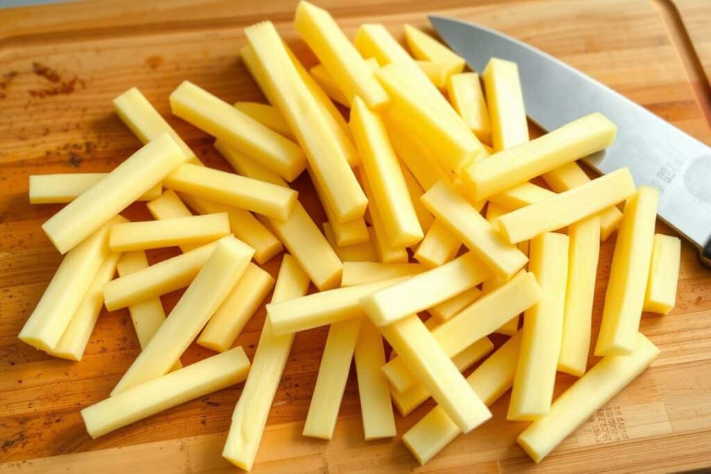 Geschnittene Kartoffelstifte auf Schneidebrett Geschnittene Kartoffelstifte auf Schneidebrett