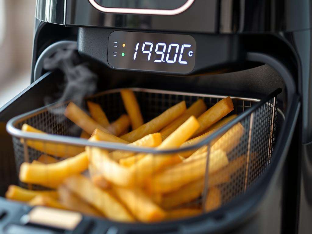 Heißluftfritteuse mit Pommes im Garkorb bei optimaler Temperatureinstellung Heißluftfritteuse mit Pommes im Garkorb bei optimaler Temperatureinstellung