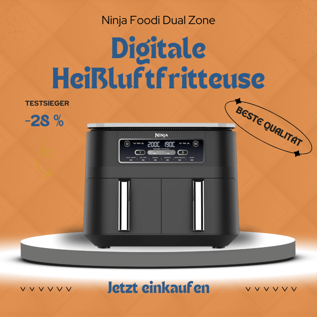 Ninja Foodi Dual Zone Digitale Heißluftfritteuse, 7,6L Airfryer, 2 Fächer, Antihaftbeschichtung, spülmaschinenfeste Körbe, 6-in-1, 4-6 Portionen, Schwarz AF300EU