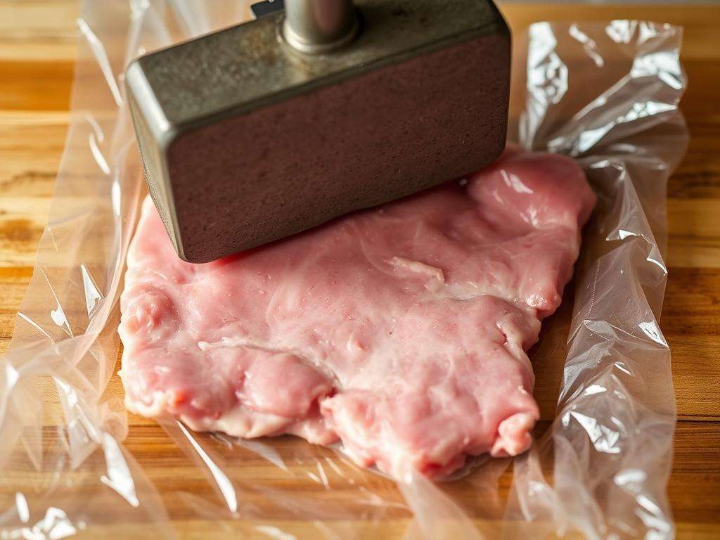 Kalbsschnitzel wird zwischen Frischhaltefolie dünn geklopft Kalbsschnitzel wird zwischen Frischhaltefolie dünn geklopft