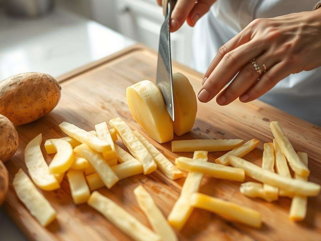 Kartoffeln werden für Pommes frites in gleichmäßige Stäbchen geschnitten Kartoffeln werden für Pommes frites in gleichmäßige Stäbchen geschnitten