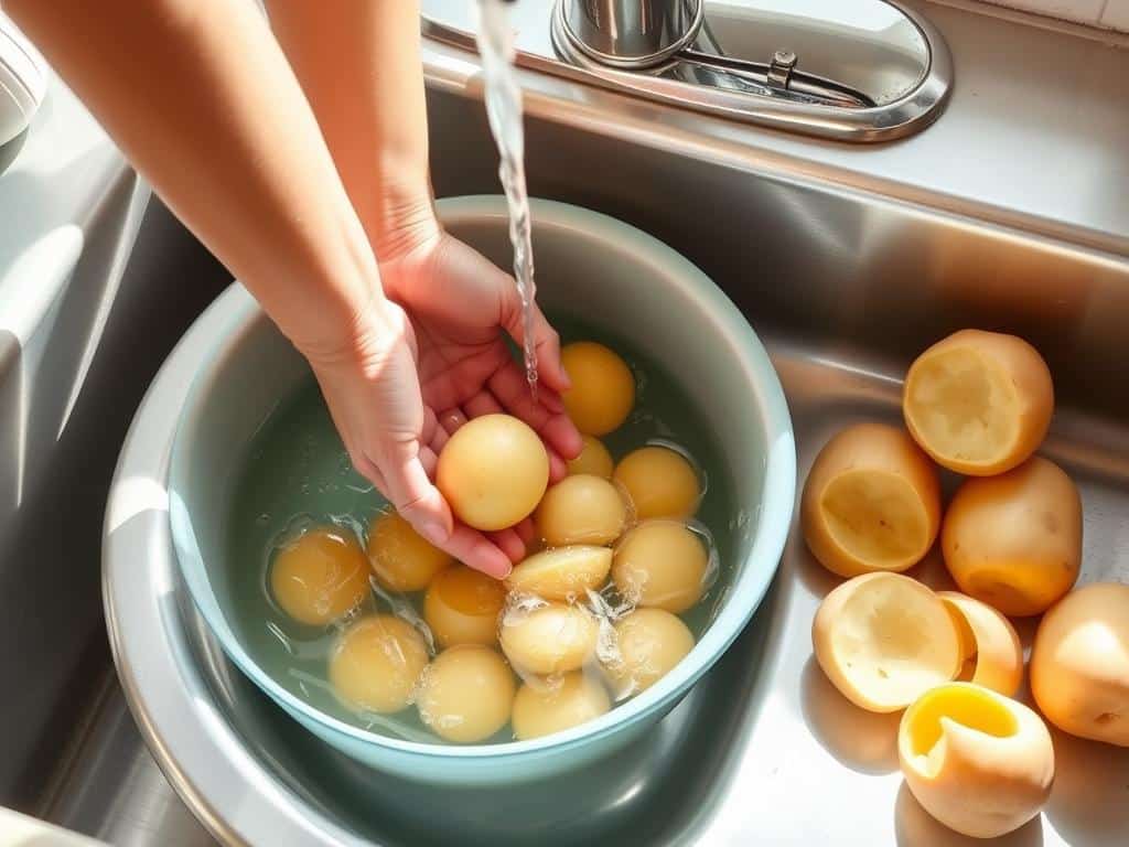 Kartoffeln werden gewaschen und geschält Kartoffeln werden gewaschen und geschält