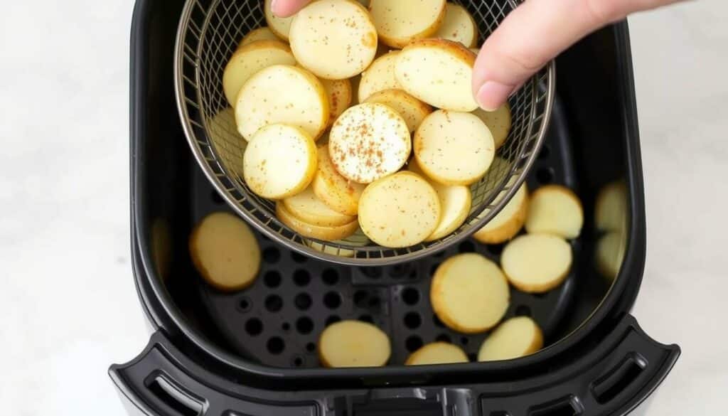 Kartoffelscheiben werden in den Airfryer-Korb gegeben Kartoffelscheiben werden in den Airfryer-Korb gegeben