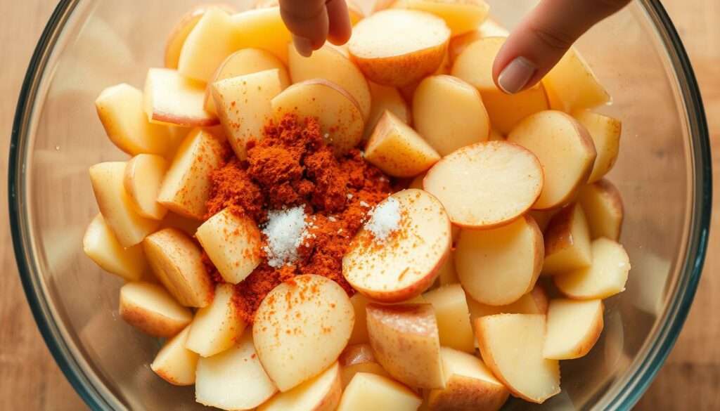 Kartoffelscheiben werden mit Gewürzen und Öl vermischt Kartoffelscheiben werden mit Gewürzen und Öl vermischt