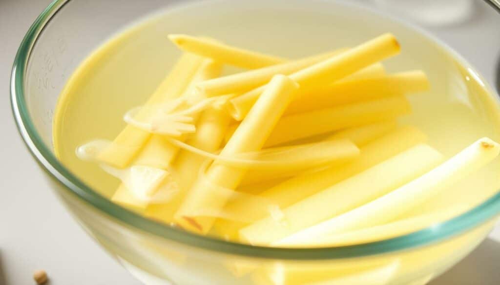 Kartoffelstifte werden in kaltem Wasser eingeweicht Kartoffelstifte werden in kaltem Wasser eingeweicht