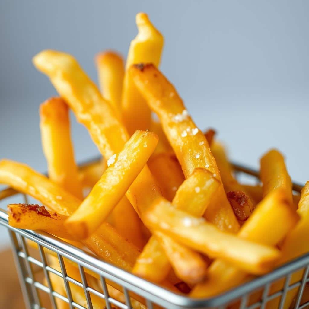 Klassische dünne Pommes frites goldbraun gebacken Klassische dünne Pommes frites goldbraun gebacken