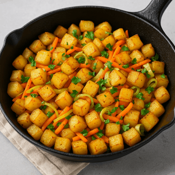 Bratpfanne mit goldbraunen Kartoffelwürfeln, Karotten und Lauch