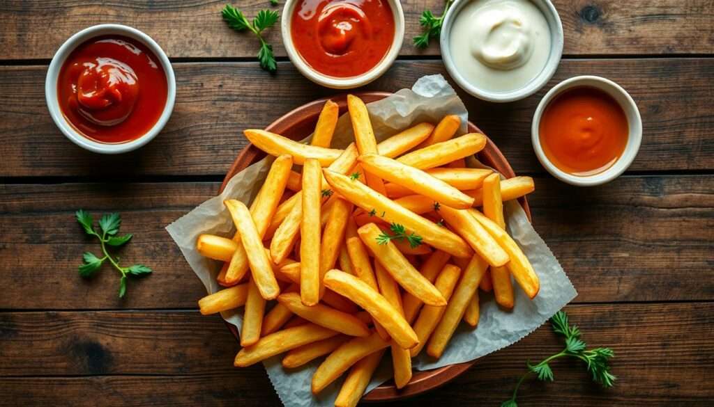 Knusprige Pommes aus der Heißluftfritteuse mit Dips serviert Knusprige Pommes aus der Heißluftfritteuse mit Dips serviert