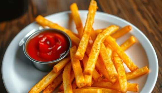 Knusprige goldbraune Pommes aus der Heißluftfritteuse auf einem Teller serviert