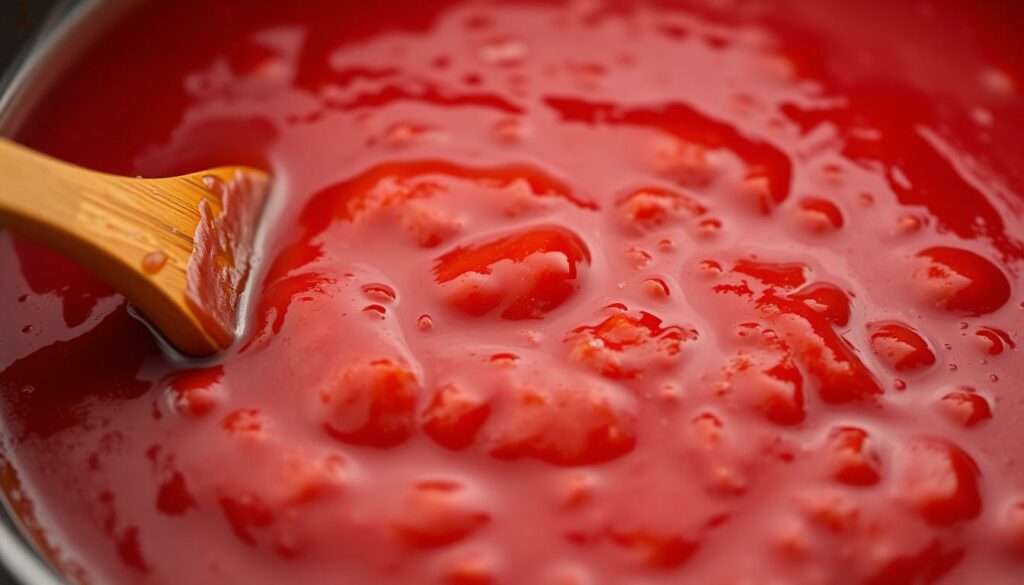 Kochender Ketchup in einer Pfanne Kochender Ketchup in einer Pfanne