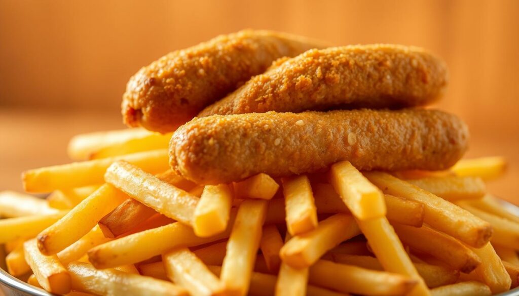 Panierte Würstchen mit Pommes