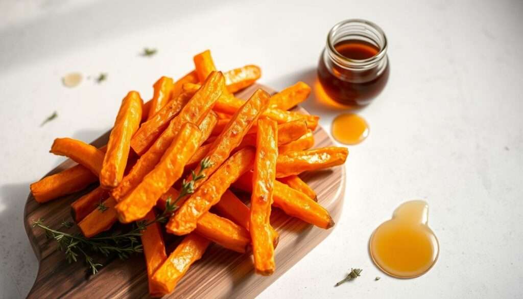 Perfectly golden and crispy sweet potato fries, glistening under warm, soft lighting. The fries are arranged artfully on a rustic wooden board, complemented by a scattering of fresh thyme sprigs and a drizzle of honey. In the background, a minimalist white or light gray surface creates a clean, inviting canvas. The composition emphasizes the delicious contrast of sweet and savory, with the fries taking center stage. The overall mood is cozy, appetizing, and visually appealing, capturing the essence of the "Tipps für die perfekten süsse Pommes" section. Perfectly golden and crispy sweet potato fries, glistening under warm, soft lighting. The fries are arranged artfully on a rustic wooden board, complemented by a scattering of fresh thyme sprigs and a drizzle of honey. In the background, a minimalist white or light gray surface creates a clean, inviting canvas. The composition emphasizes the delicious contrast of sweet and savory, with the fries taking center stage. The overall mood is cozy, appetizing, and visually appealing, capturing the essence of the "Tipps für die perfekten süsse Pommes" section.