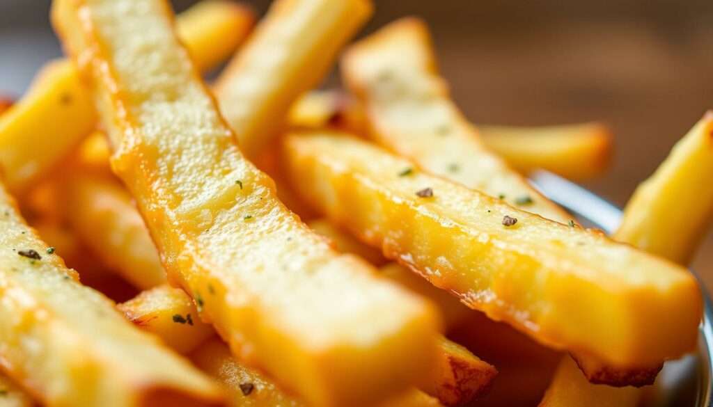 Perfekt knusprige goldbraune Pommes mit Gewürzen Perfekt knusprige goldbraune Pommes mit Gewürzen