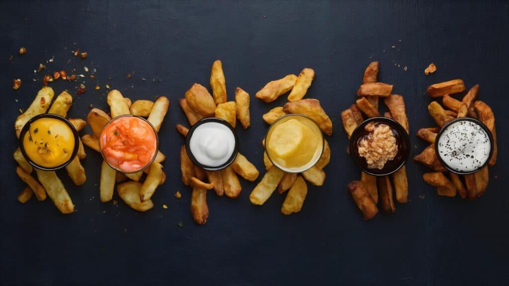 Bunte Auswahl an Pommes-Variationen mit verschiedenen Dips auf einem rustikalen Holzbrett.