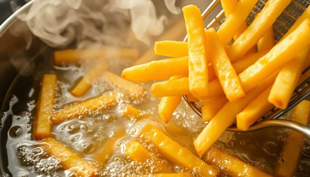 Pommes frites werden in heißem Öl goldbraun frittiert Pommes frites werden in heißem Öl goldbraun frittiert