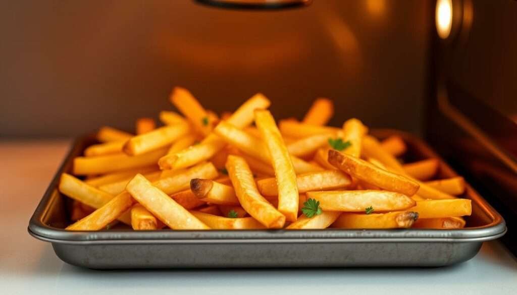 Pommes im Backofen, a tray of golden-brown, crispy French fries baked to perfection in a well-lit, modern kitchen. The fries are arranged in an appealing, artful manner, with a slight seasoning of salt and a light dusting of fresh parsley for a touch of greenery. The background is clean and minimal, allowing the fries to be the star of the scene. Warm, inviting lighting casts a soft glow over the fries, emphasizing their appetizing texture and highlighting their inviting aroma. The overall mood is one of simple, homemade comfort, perfectly capturing the essence of the "Schritt 2: Die besten Zubereitungsmethoden" section of the article. Pommes im Backofen, a tray of golden-brown, crispy French fries baked to perfection in a well-lit, modern kitchen. The fries are arranged in an appealing, artful manner, with a slight seasoning of salt and a light dusting of fresh parsley for a touch of greenery. The background is clean and minimal, allowing the fries to be the star of the scene. Warm, inviting lighting casts a soft glow over the fries, emphasizing their appetizing texture and highlighting their inviting aroma. The overall mood is one of simple, homemade comfort, perfectly capturing the essence of the "Schritt 2: Die besten Zubereitungsmethoden" section of the article.