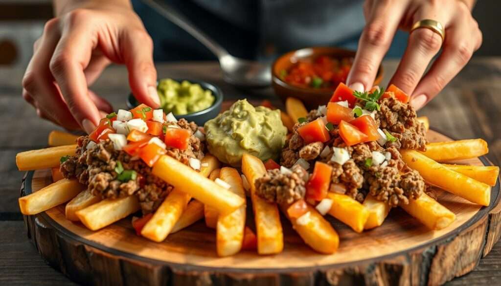 Pommes mit Hack und Toppings zubereiten Pommes mit Hack und Toppings zubereiten