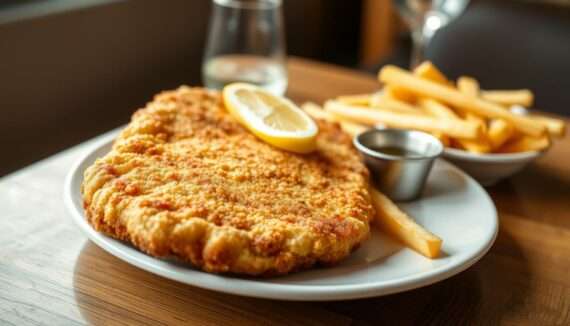Pommes mit Wiener Schnitzel vom Kalb auf einem Teller mit Zitronenscheibe