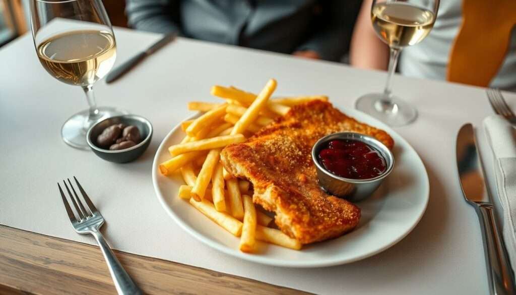 Pommes mit Wiener Schnitzel vom Kalb auf einem gedeckten Tisch mit Getränken Pommes mit Wiener Schnitzel vom Kalb auf einem gedeckten Tisch mit Getränken