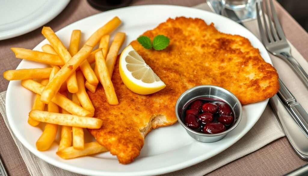 Pommes mit Wiener Schnitzel vom Kalb serviert mit Zitrone und Preiselbeeren Pommes mit Wiener Schnitzel vom Kalb serviert mit Zitrone und Preiselbeeren