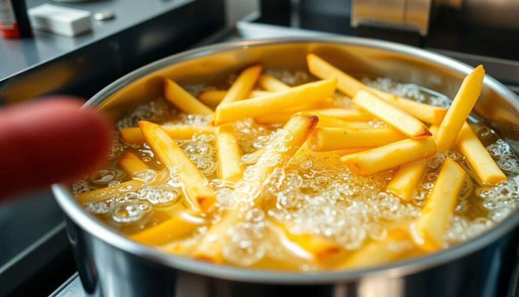Pommes werden in einer Fritteuse zubereitet Pommes werden in einer Fritteuse zubereitet