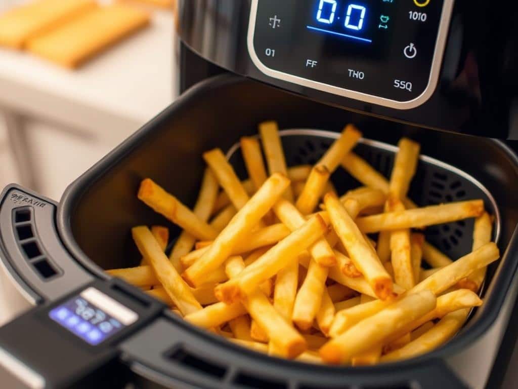 Pommes werden in einer Heißluftfritteuse zubereitet Pommes werden in einer Heißluftfritteuse zubereitet