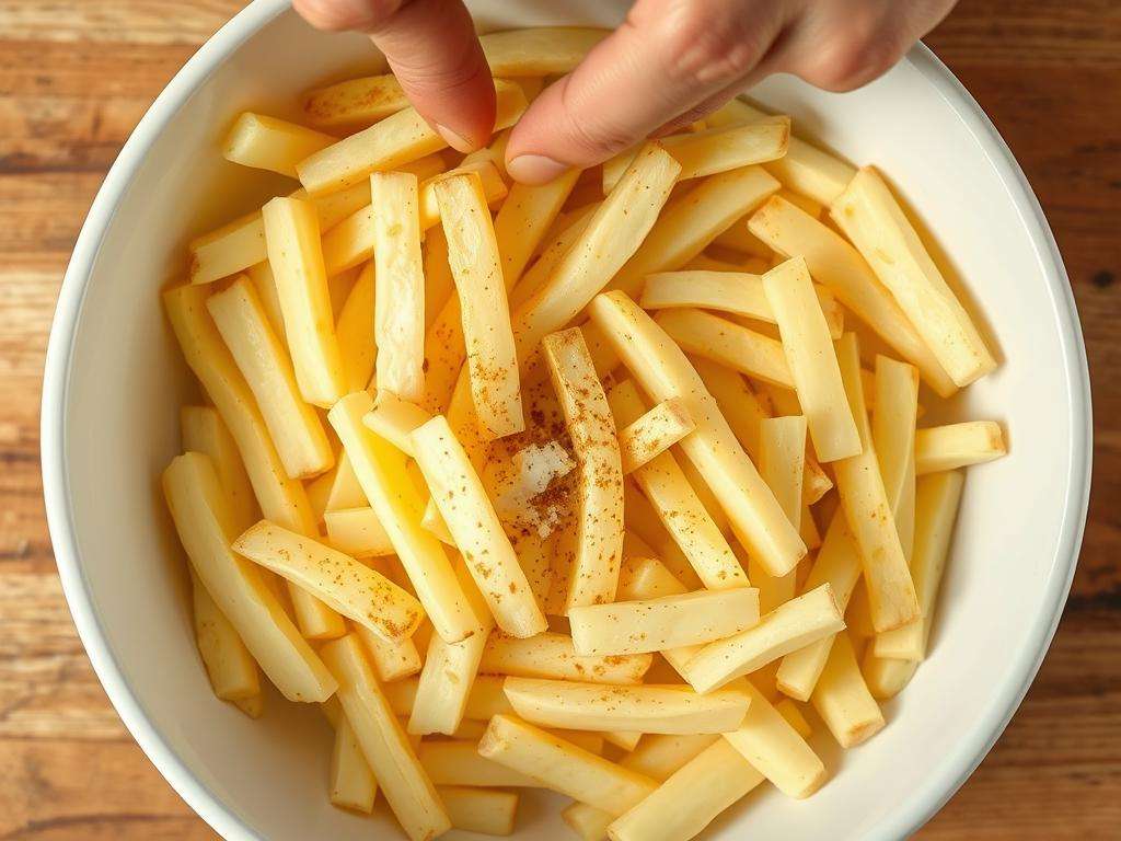 Pommes werden in einer Schüssel mit wenig Öl und Gewürzen vermischt Pommes werden in einer Schüssel mit wenig Öl und Gewürzen vermischt
