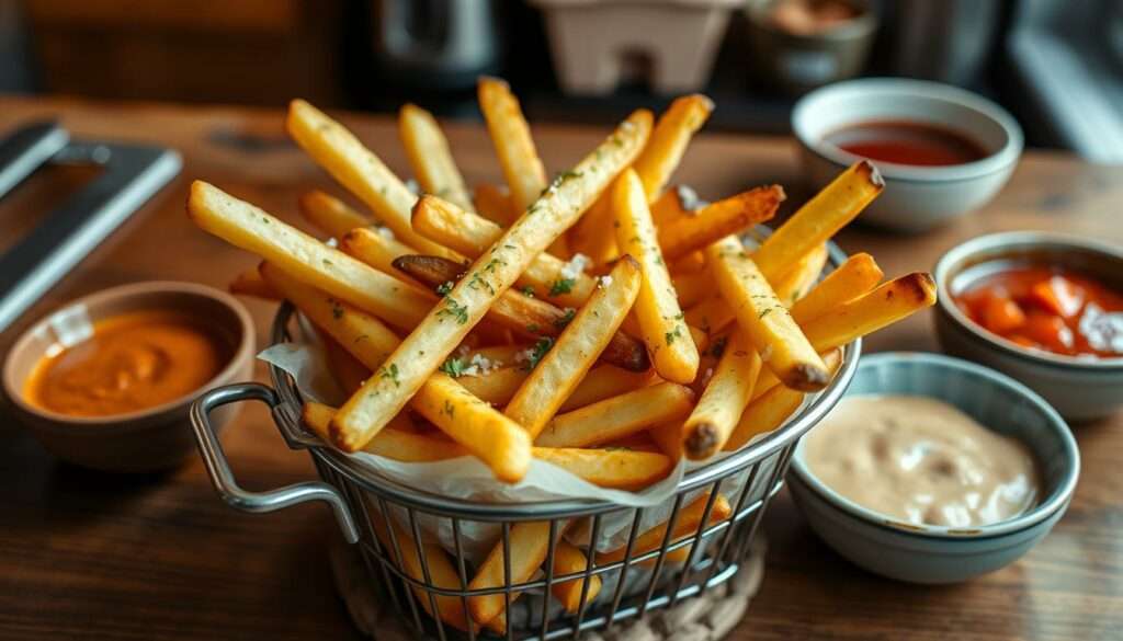 Selbstgemachte Pommes frites mit Gewürzen und Dips Selbstgemachte Pommes frites mit Gewürzen und Dips