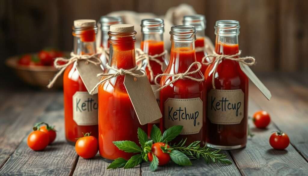 Selbstgemachter Ketchup in dekorativen Gläsern als Geschenkidee Selbstgemachter Ketchup in dekorativen Gläsern als Geschenkidee